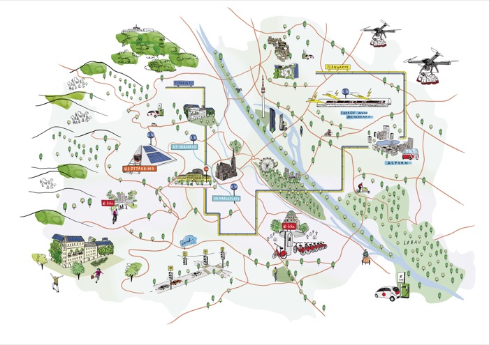 Illustration der Smart City der Zukunft mit Zeichnung der U-Bahn, Mobility Points und vielen Grünflächen