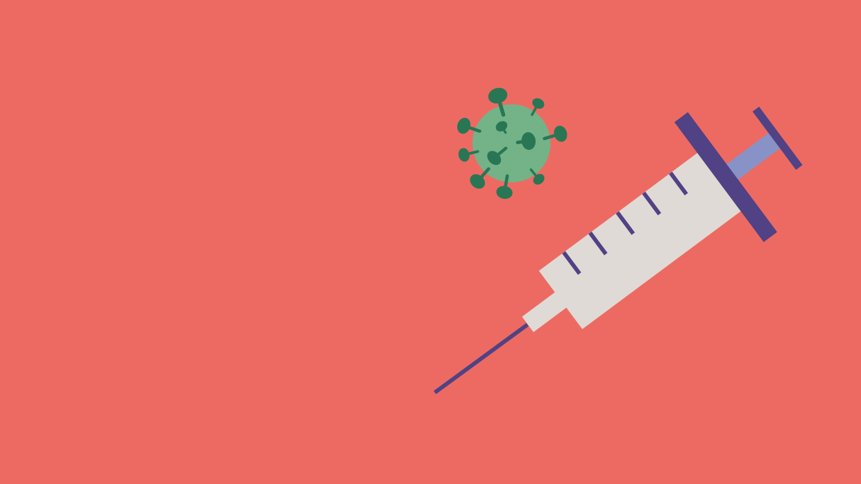 Kapitelbild: Spritze mit Nadel und Illustration eines Virus 