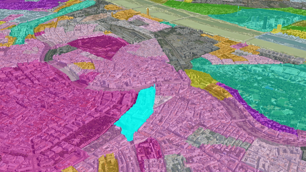 Kapitelbild: Symbolbild 3D-Ausschnitt
© Stadt Wien, MA 41 - Stadtvermessung
3D-Kartenausschnitt von Wien im Bereich 1. und 2. Bezirk, mit den Gebietstypen-Abgrenzungen leicht transarent, überlappend dargestellt. © Stadt Wien, MA41 - Stadtvermessung