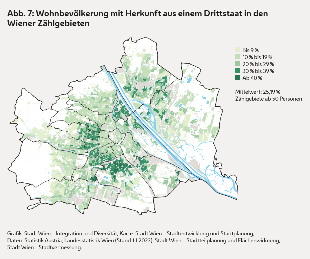 Die Grafik zeigt die Wohnbevölkerung mit Herkunft aus einem Drittstaat in den Wiener Zählgebieten. 
