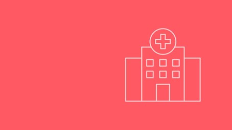 Kapitelbild: Ein einfaches, weißes Linien-Diagramm eines Krankenhauses mit einem Kreuzsymbol oben auf rotem Hintergrund.