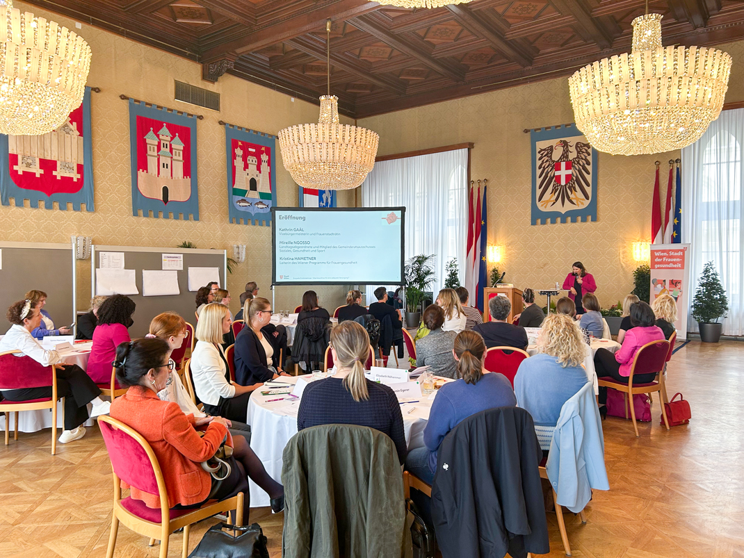 Zu sehen sind die Teilnehmenden der Enquete Endometriose. Sie sitzen um große Tische im Wappensaal des Wiener Rathauses. Am Posium spricht Kathrin Gaál.