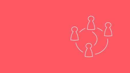 Kapitelbild: Illustration mit vier stilisierten Figuren, die durch gestrichelte Linien zu einem Kreis verbunden sind, auf rotem Hintergrund. Darstellung symbolisiert die Expert*innen.