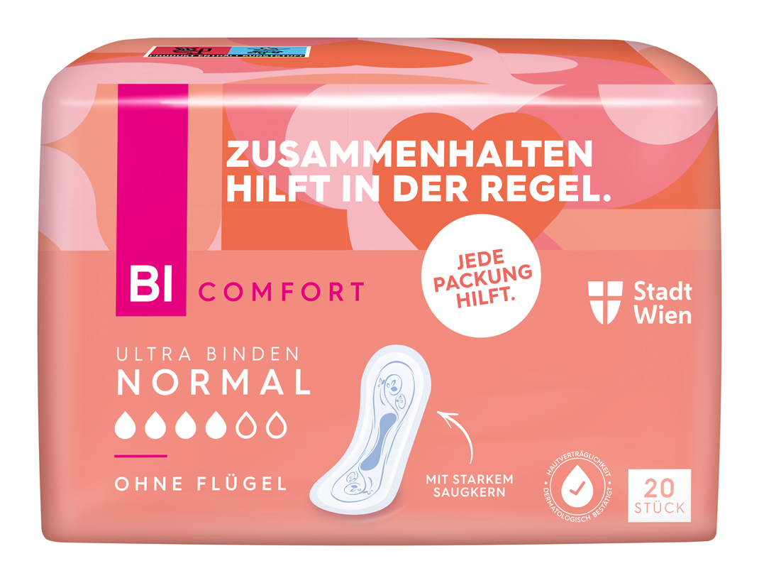 Zu sehen ist eine Bindenpackung mit dem Slogan „Zusammenhalten hilft in der Regel.“