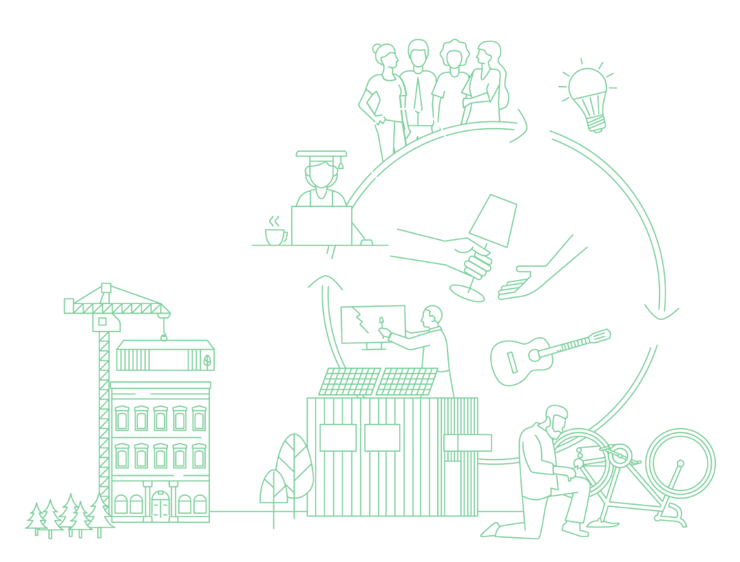 Illustration that sketchily combines various elements related to the circular economy and trans-regional aspects along a circle formed by adjacent arrows: a man repairing a bicycle, a wooden house symbolizing sustainable and circular construction methods in housing, and a residential building being raised with the help of a crane, a man repairing a cracked screen, a light bulb, two hands replacing a lamp, a guitar, people talking and a university professor.