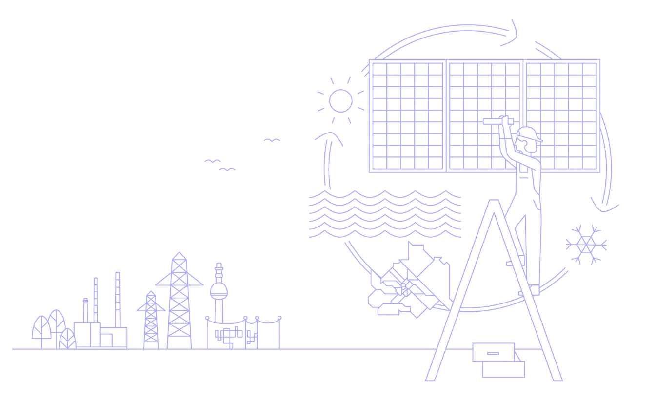 Illustration that sketchily combines various elements related to electricity and district heating generation: an electricity pylon, tall industrial smoke stacks, Vienna's Spittelau waste incineration plant, a photovoltaic surface, a person in overalls inspecting it while standing on a ladder, an outline map of the city of Vienna and its districts, water waves and a snowflake.