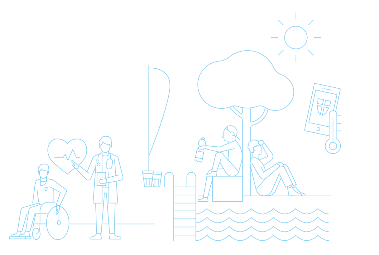 Illustration that sketchily combines various elements related to health and well-being in connection with summer overheating: a person in a doctor's coat and stethoscope, a person in a wheelchair, two people sitting under a tree sweating and drinking water, two glasses of water, a beach flag advertising the Cool Zones, a thermometer, a cell phone with which heat information and offers from the City of Vienna can be called up.