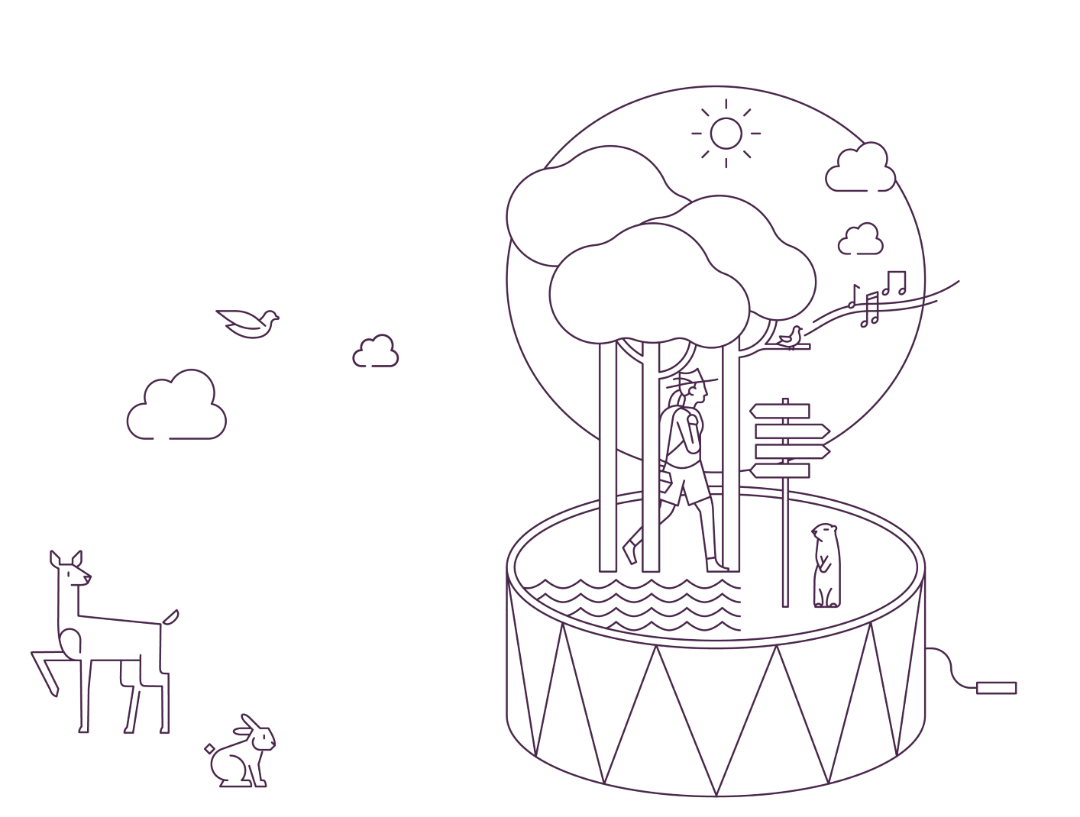 Illustration that sketchily combines various elements relating to ecosystems, nature and recreational areas: a hare, a deer and a marmot, trees, a person walking with a hat, a signpost with 4 directional signs, a chirping bird, a sun and clouds and water waves.