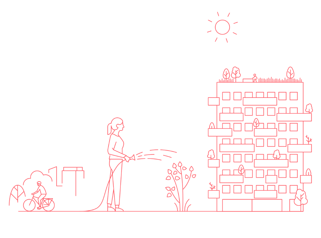 Illustration that sketchily combines various elements related to urban development and planning: a multi-storey residential building with an intensively greened roof terrace and balconies with trees, a woman watering a shrub with a garden hose, a cyclist, and a detailed section with elements of rainwater management, where rain seeps into a ground planted with trees.