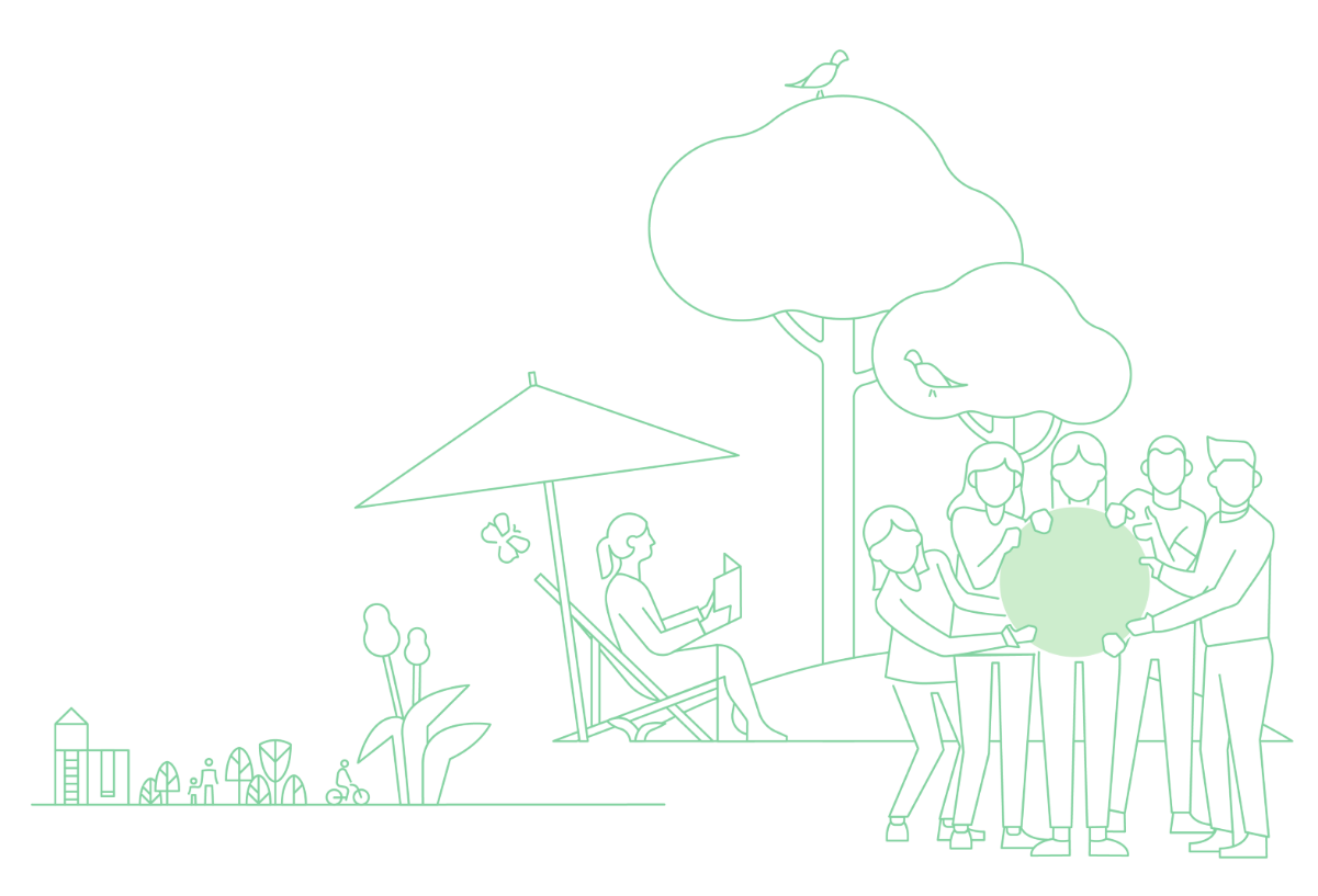 Illustration that sketchily combines various elements related to public space and buildings: a group of people symbolizing that they are involved in the participatory design of public space, a person in a deck chair under a parasol, various plants and trees and greenery elements.
