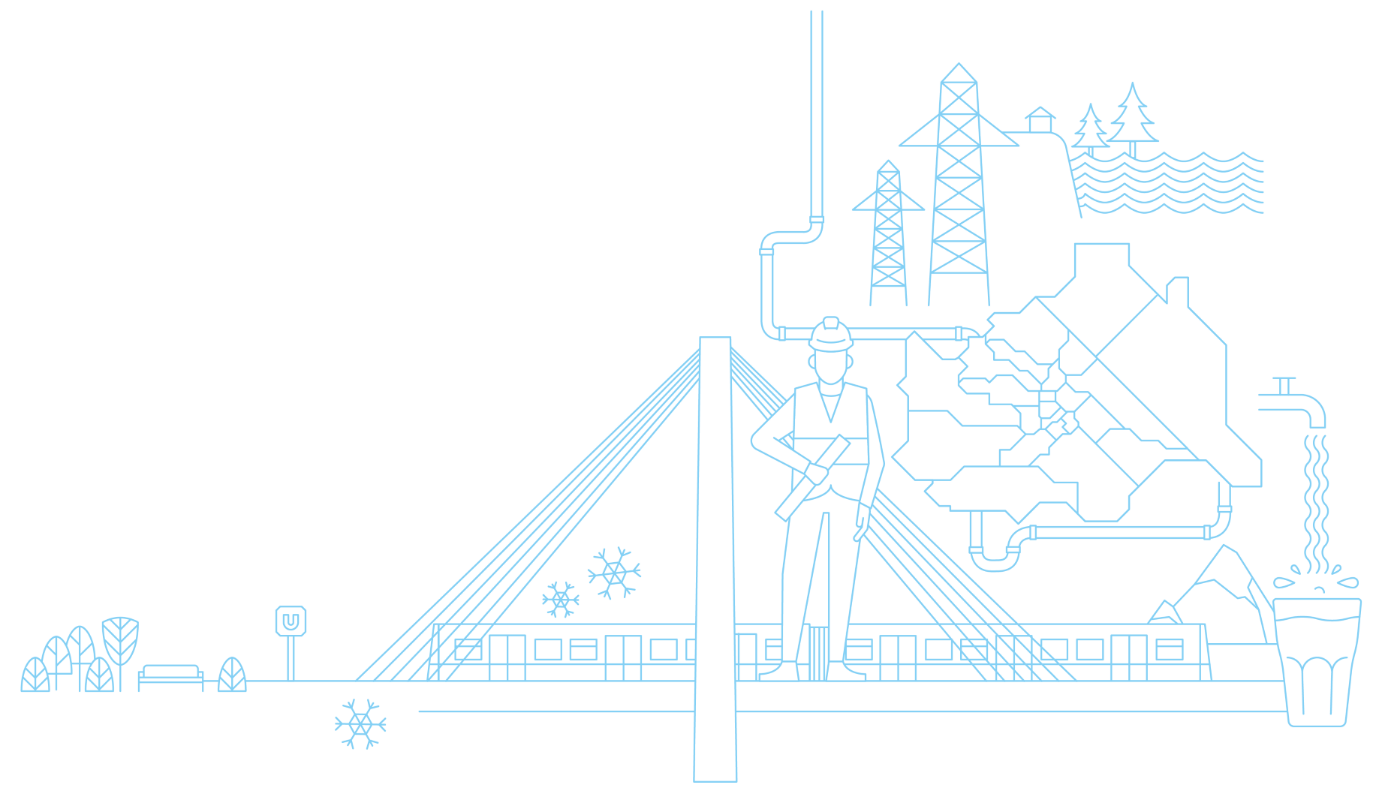 Illustration that sketchily combines various elements related to infrastructure planning and services of general interest: a large subway bridge on which an air-conditioned subway is running, a person with a construction site vest and helmet and a planning roll in his hand, a mountain, a water pipe, a tap and a filled water glass, an outline map of the city of Vienna including outlines of the districts, electricity pylons, forests and flood waves.