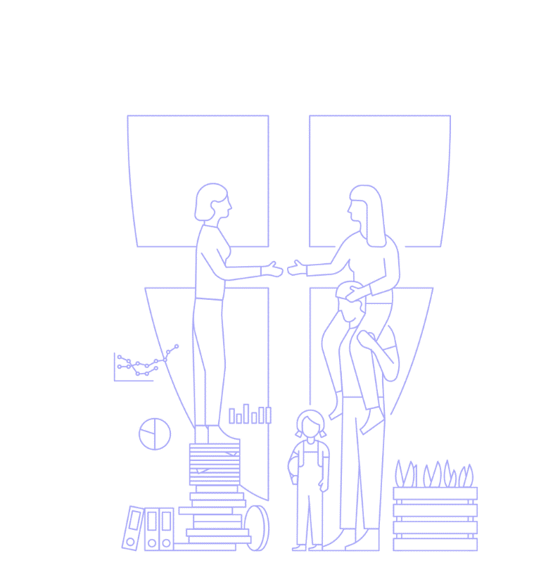 Illustration that sketchily combines various elements relating to control structures and regulations: the coat of arms of the City of Vienna in the background, a person standing on a pile of books and another person carrying a third person on their shoulders, who in turn is holding out their hand to the first person. Next to them is a child. Various diagrams can be seen scattered around: a line diagram, a bar chart and a pie chart.