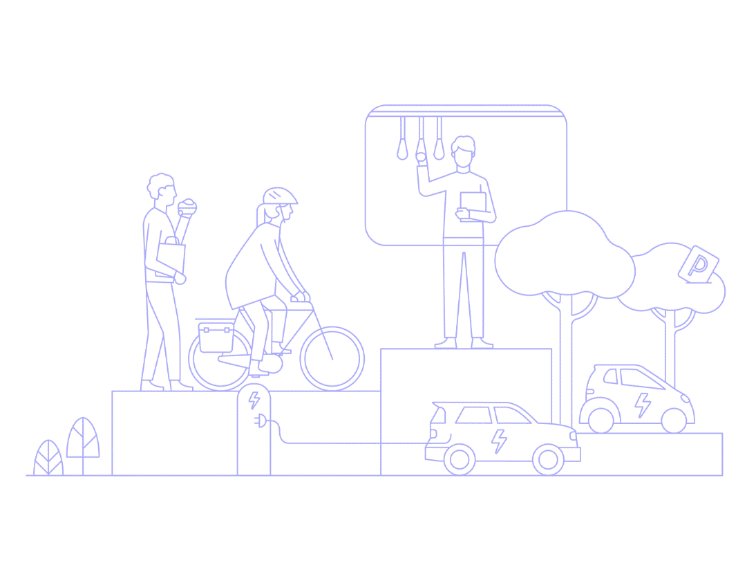 Illustration that sketchily combines various elements related to urban mobility: a man walking, a cyclist, a man holding on to handholds in a streetcar or subway and two electric cars, one of which is attached to an e-charging station.