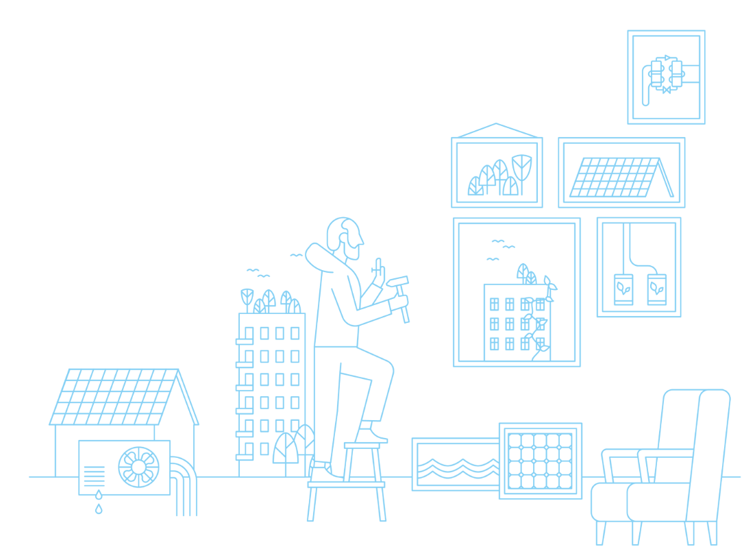 Illustration that sketchily combines various elements related to buildings in the city: a multi-storey residential building with a green roof, a detached house with a heat pump, a man carrying out repairs with a hammer and nail, a comfortable armchair and various building sections that symbolize sustainability on the building, such as green façades, a photovoltaic roof and sustainable heating systems.