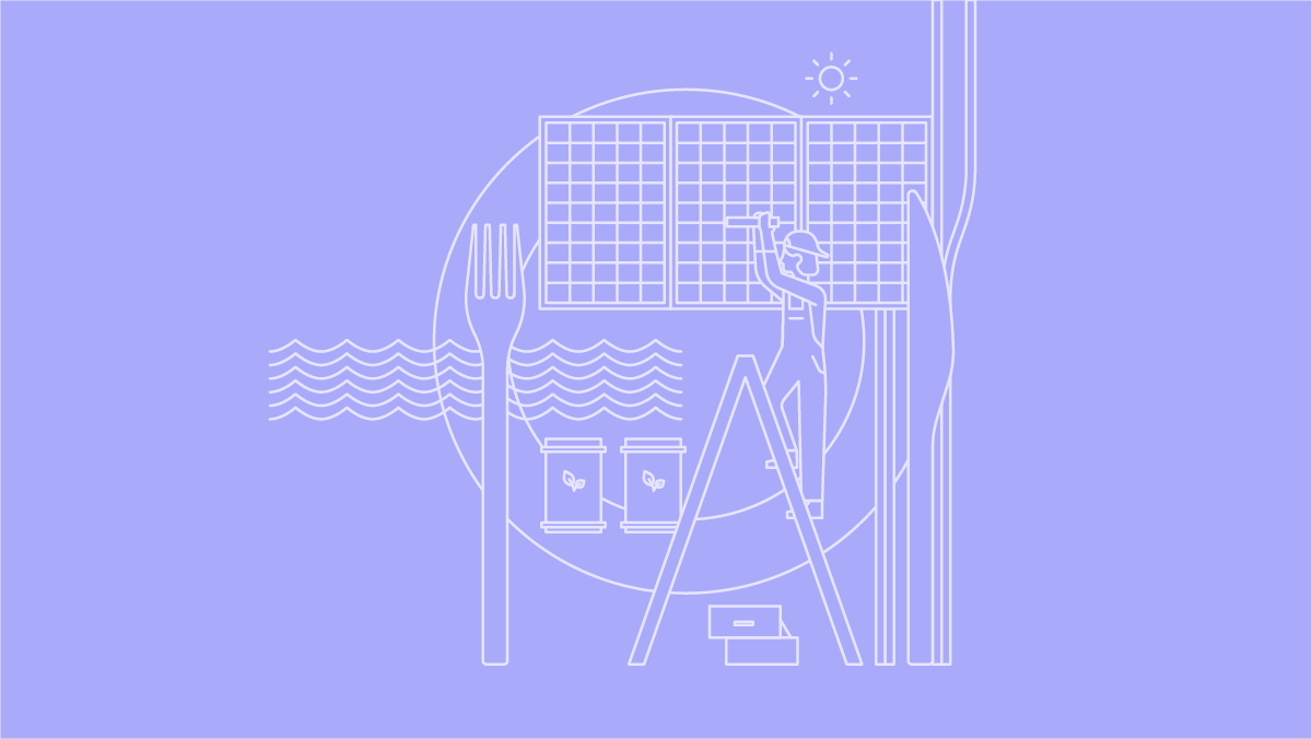 Coverbild Klimaschutz mit vereinfachten Illustrationen von Objekten, die mit Klimaschutz assoziiert werden: zum Beispiel eine Photovoltaikanlage, eine Person, die diese montiert, Batterien, die erneuerbare Energien speichern können.