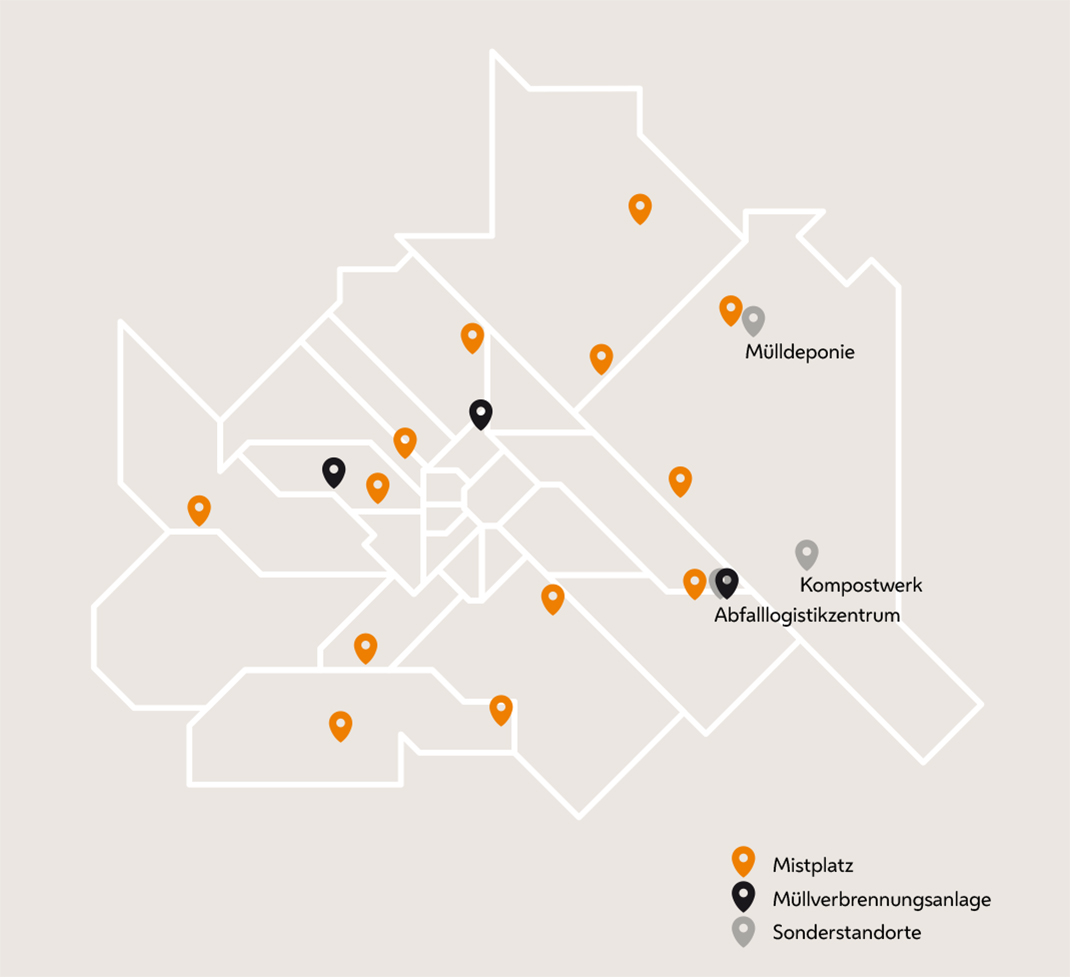 Die Grafik zeigt die Standorte der Mistplätze, Müllverbrennungsanlagen und Sonderstandorte in Wien.