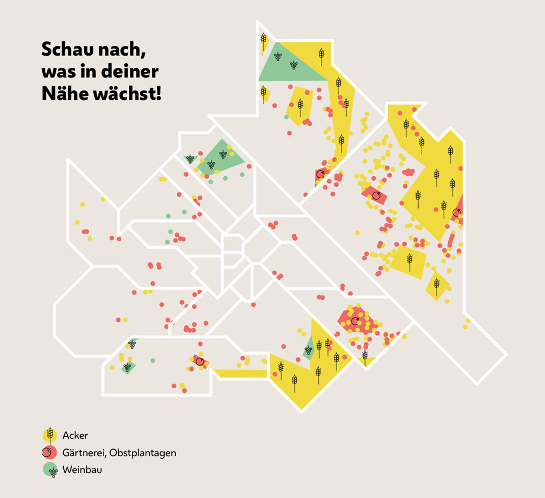 Die Grafik zeigt eine Karte von Wien in welcher Acker, Gärtnereien und Weinbau eingezeichnet sind. 