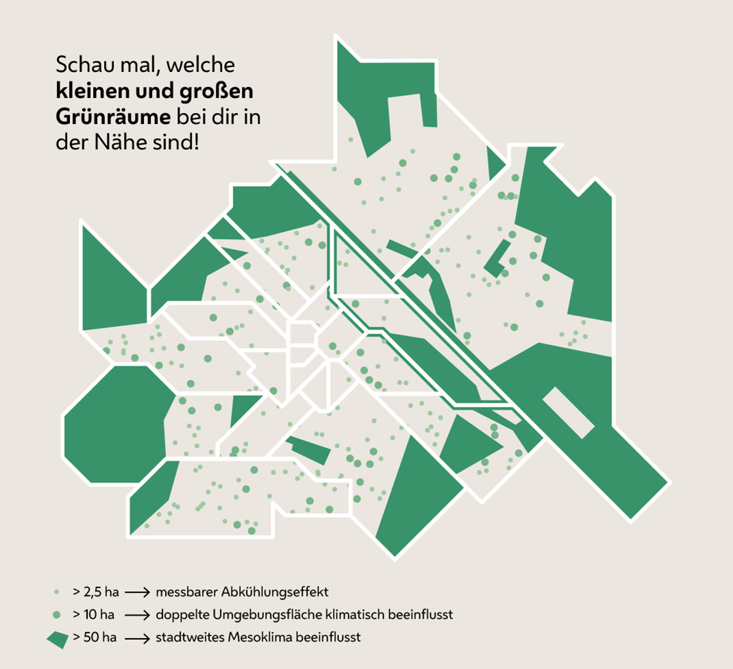 Die Grafik zeigt alle großen und kleinen Grünräume in Wien. 