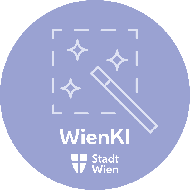 Rundes Logo mit Zauberstab und drei funkelnden Sternen, die auf künstliche Intelligenz hinweisen. Text "WienKI" und "Stadt Wien" mit Wappen symbolisieren KI-Projekt der Stadt Wien.