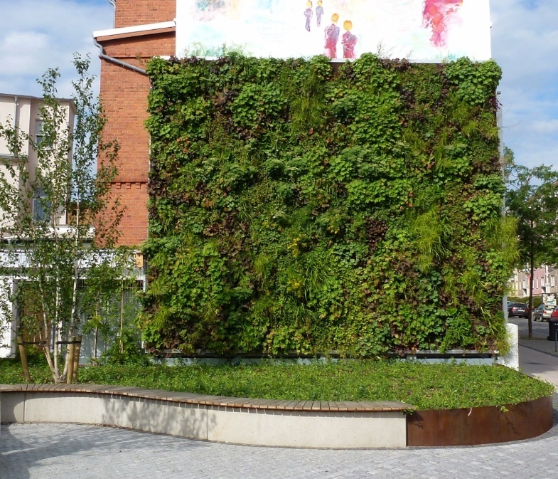 Foto einer fassadengebundenen Fassadenbegrünung mit vollflächigem Vegetationsträger im Baukastensystem
(c) OPTIGRÜN