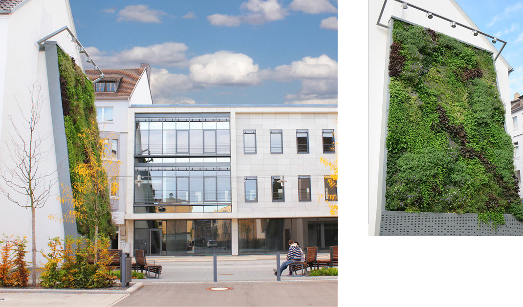 zwei Fotos eines Best Practice Beispiels für eine  Begrünung mit vollflächigem Baukastensystem
(c) OPTIGRÜN