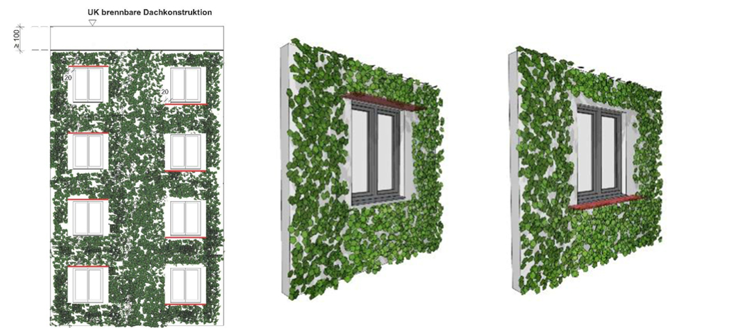 Illustration bewachsener Fassaden. Die Brandabschottung über oder unter den Fenstern wird durch rote Linien markiert.
(c) Stadt Wien - Baupolizei - KSB, 2023