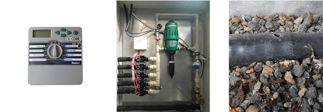 Fotos von Steuerelementen einer Bewässerungsanlage (Steuerungscomputer, Wasserkreisläufe, Tropfschlauch)
© GREEN4CITIES