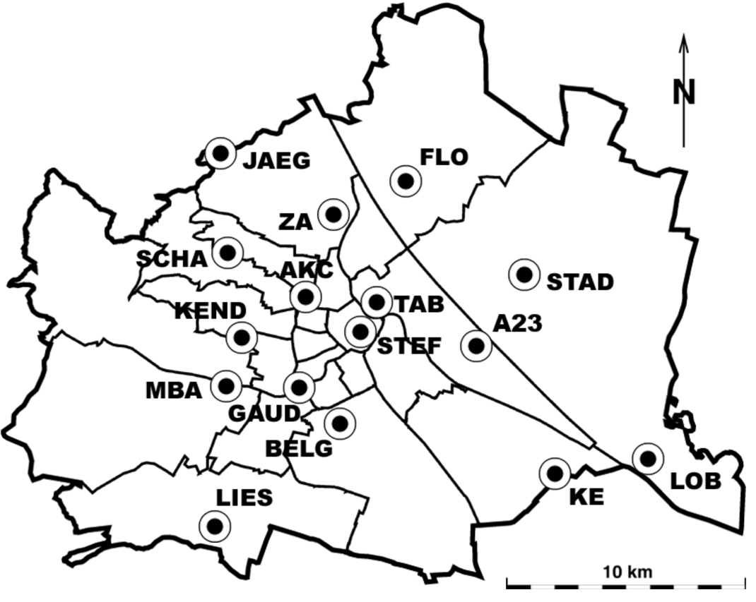 Stickstoffdioxid Messstellen:
1, Stephansplatz, 
2, Taborstraße, 
9, AKH, 
10, Belgradplatz, 
11, Kaiser-Ebersdorf, 
11, A23-Wehlistraße, 
12, Gaudenzdorf, 
13, Hietzinger Kai, 
16, Kendlerstraße, 
18, Schafberg, 
19, Hermannskogel, 
19, Hohe Warte, 
21, Gerichtsgasse, 
22, Lobau, 
22, Stadlau, 
23, Liesing-Gewerbegebiet