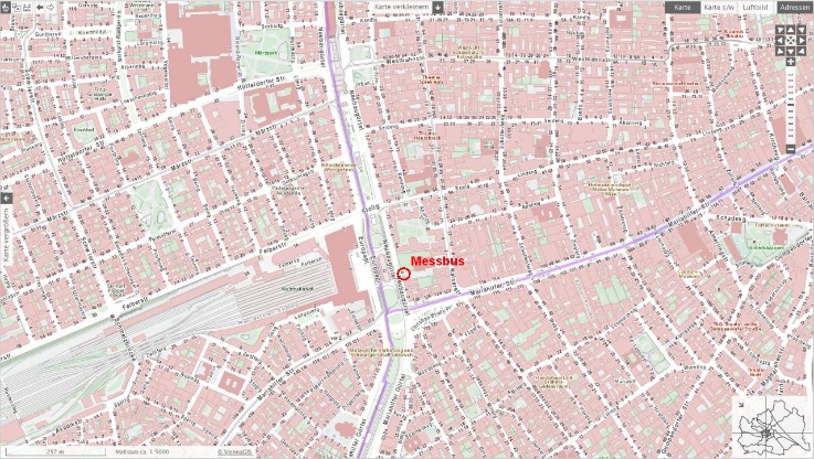 Lageplan des Messbus-Standortes „Neubaugürtel 6“ im Jahr 2023
