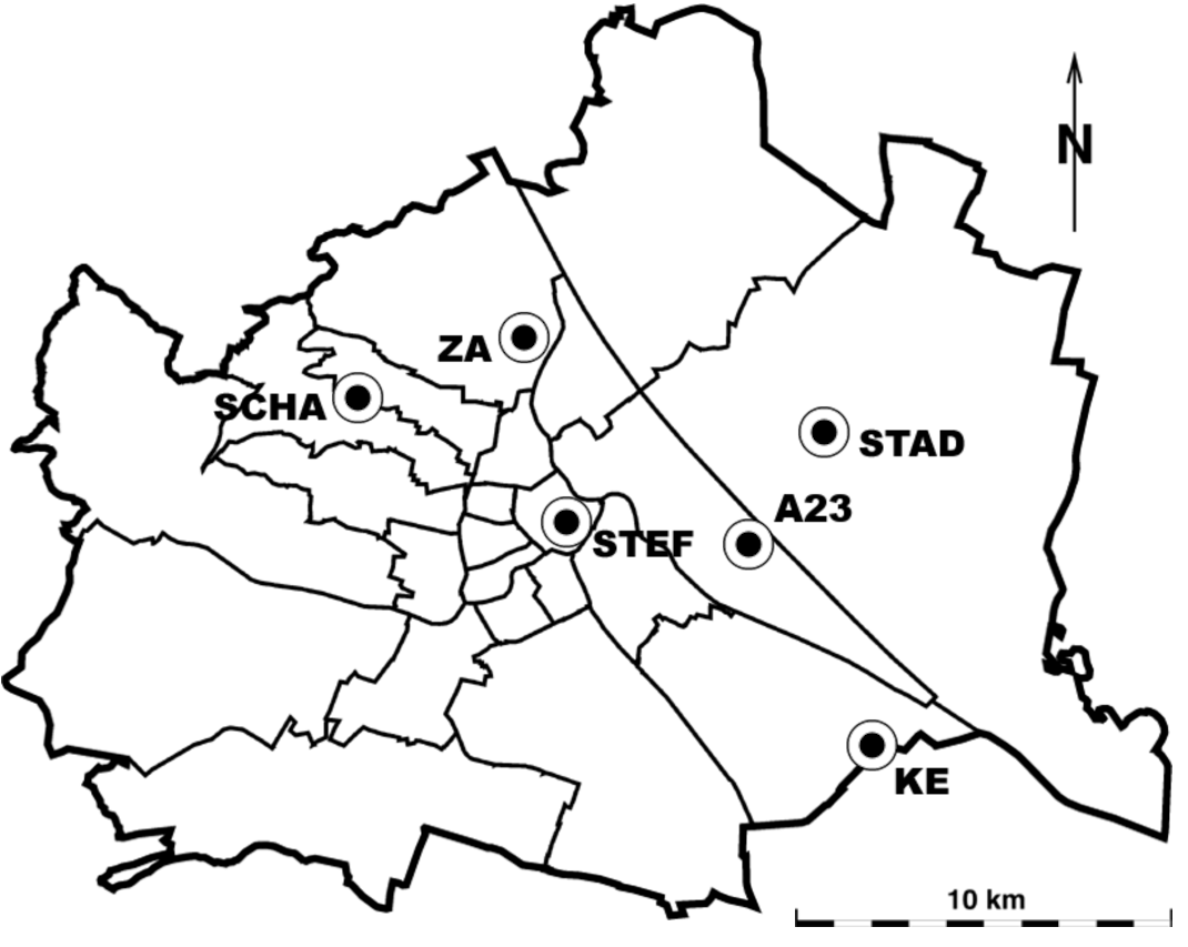 SO<sub>2</sub>-Messstellen im Stadtgebiet: 
1, Stephansplatz, 
11, Kaiser-Ebersdorf, 
2., A23-Wehlistraße, 
18, Schafberg, 
19, Hohe Warte, 
22, Stadlau