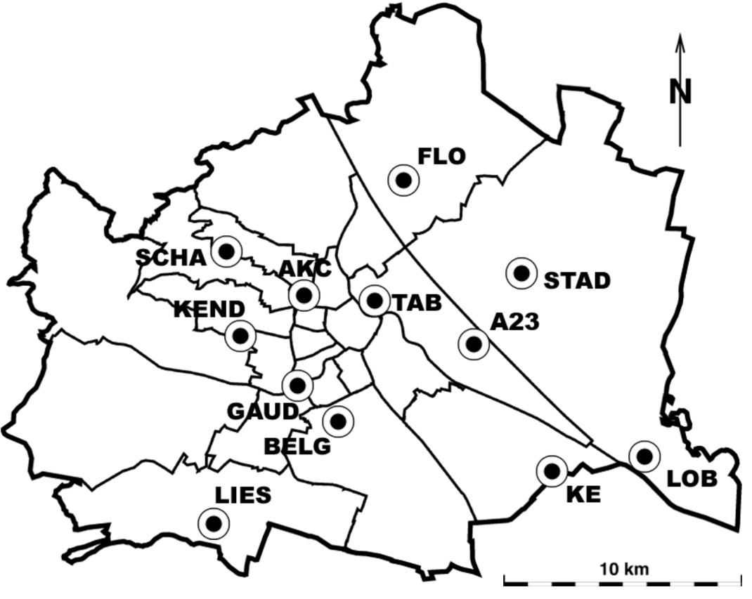 Feinstaub PM<sub>10</sub> Messstellen: 
Taborstraße, AKH, Belgradplatz, Kaiser-Ebersdorf, A23-Wehlistraße,
Gaudenzdorf, Kendlerstraße, Schafberg	Gerichtsgasse, Lobau, Stadlau, Liesing-Gewerbegebiet