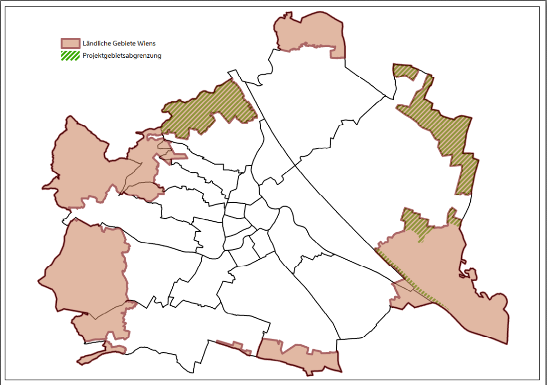 Wiener Bezirkskarte mit den ausgewählten Untersuchungsgebiete am Stadtrand
