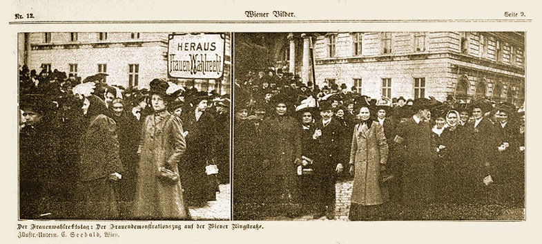 Frauenwahlrechtstag, Zeitschrift Wiener Bilder, 22. März 1911, S. 9; Frauen bei einer Demo zum Frauenwahlrecht 1911