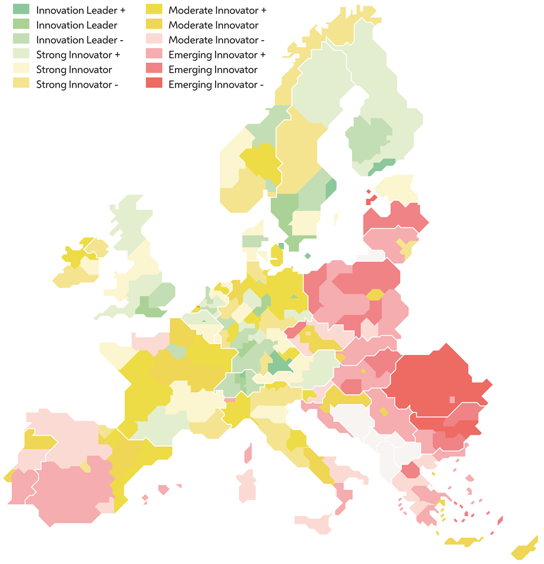 Karte europäischer Regionen nach Innovationskraft, wie im Folgenden beschrieben