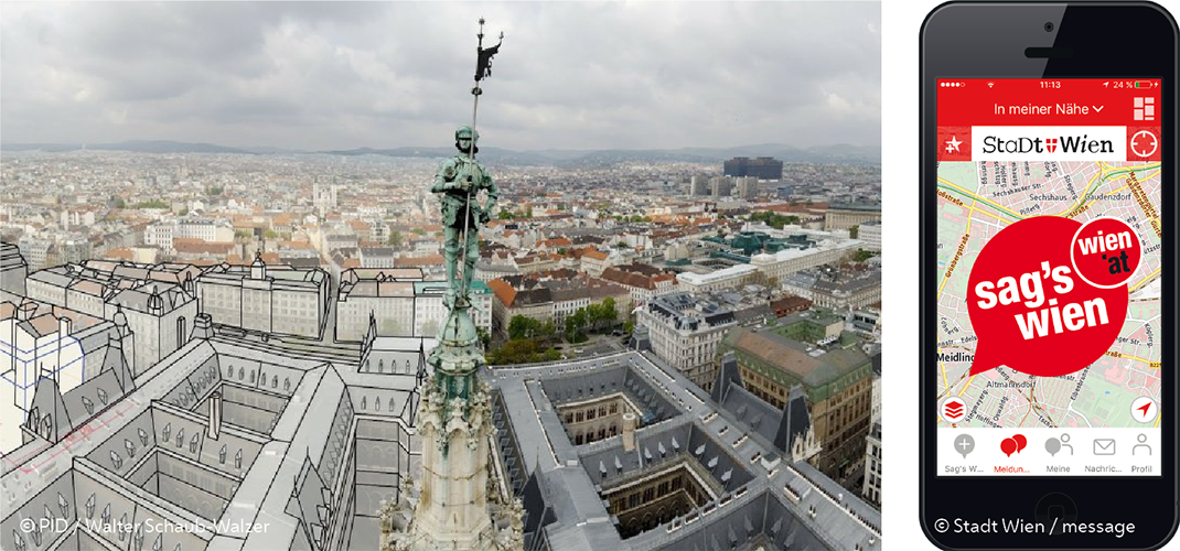 Figur an der Spitze des Rathauses und Teile der Stadt von oben, teils gezeichnet, teils fotografiert sowie ein Bild der sag's-wien-App