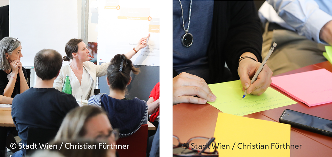 Zwei Bilder: Menschen in einer Workshopsituation und Detail: schreibende Hände