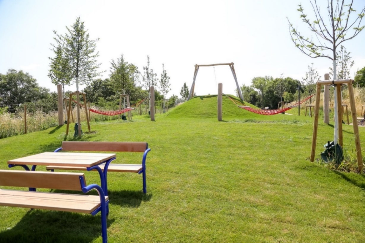 Ein Bild, das Gras, Himmel, Spielplatz enthält.