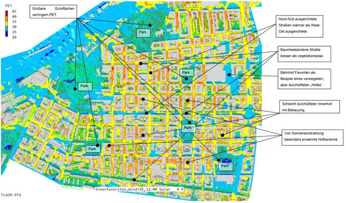 Abbildung: In der Mikroklimasimulation für Innerfavoriten ist die physiologisch äquivalente Temperatur (PET) ersichtlich. © Gruber Consult im Auftrag der Stadt Wien – Umweltschutz, 2023