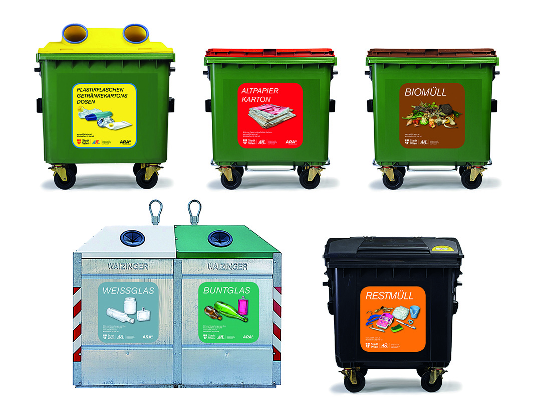 Die Behälterfamile der 48er bestehend aus Gelber Tonne, Altpapierbehälter, Biotonne, Altglas- und Restmüllbehältern Copyright: MA 48