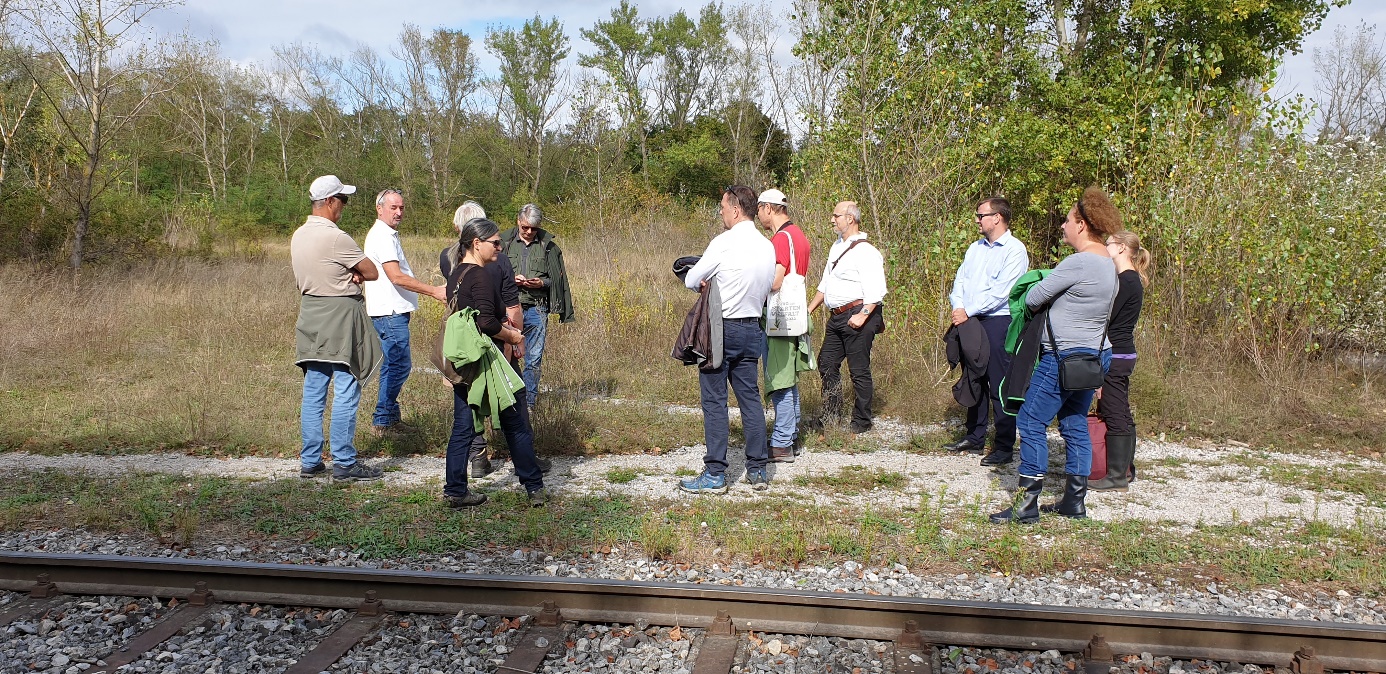 Kapitelbild: Mehrere Personen nahe Bahngleisen auf Schotterweg. Sie hören einer Person zu, die etwas erklärt. Im Hintergrund stehen hohe Bäume. 
@ Uschi Dorau, UIV