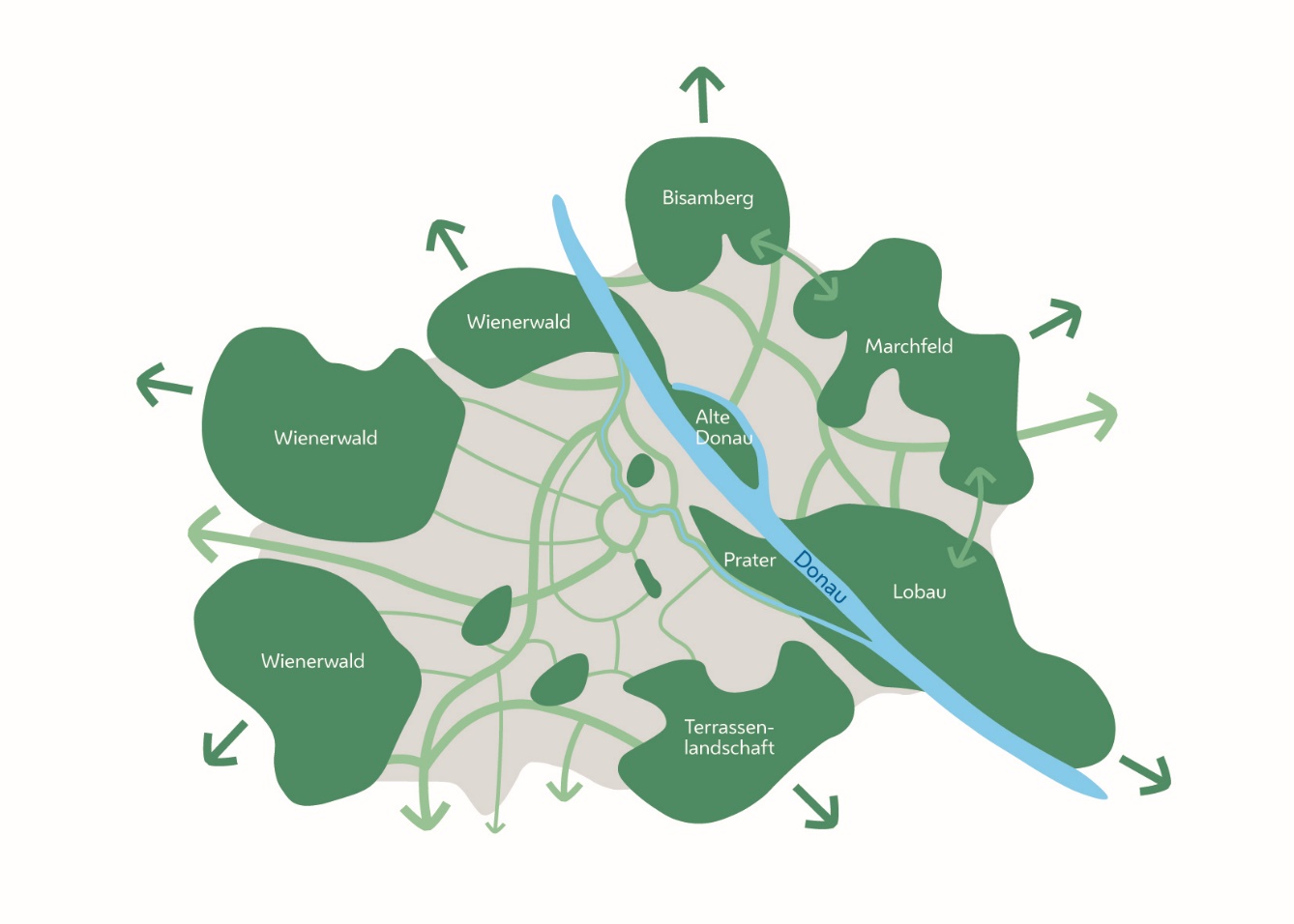 Die Grafik zeigt eine schematische Wienkarte sowie die Donau mit dem Wiener Grünraumsystem bestehend aus den Flächen:
Alte Donau,
Prater,
Bisamberg,
Marchfeld,
Lobau,
Terrassenlandschaft
Wienerwald (aufgeteilt auf 3 Flächen).

Zentrale kleine Grünräume sind ohne Namen ebenfalls zu sehen sowie verbindende Grünkorridore.