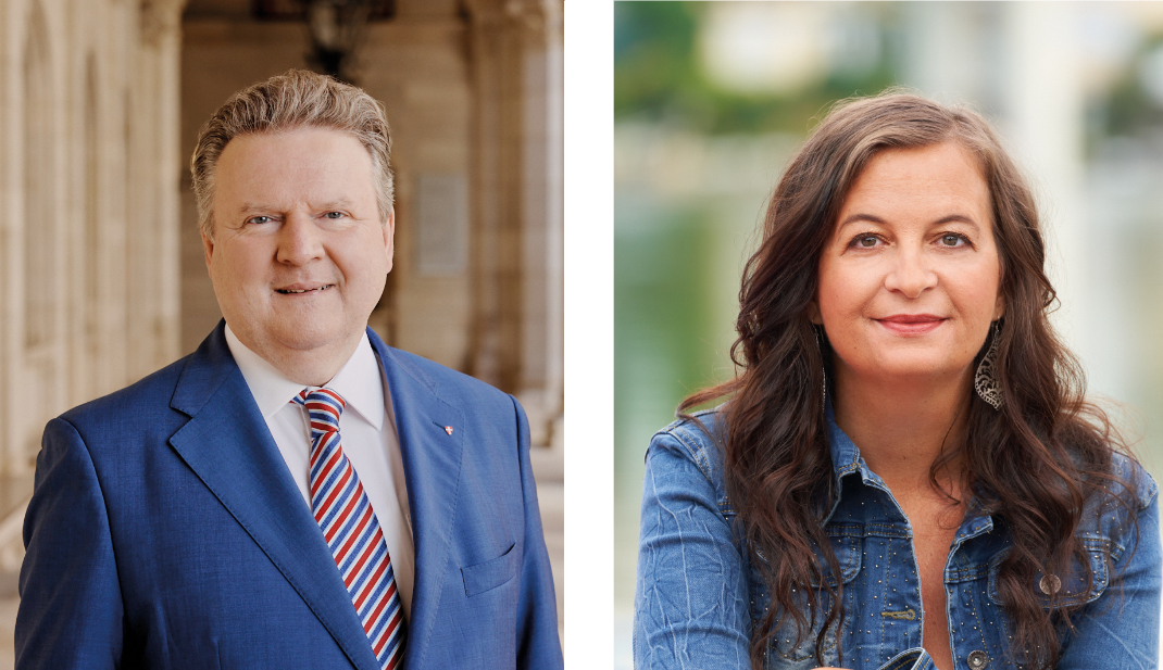 Portraitfotos von Bürgermeister Dr. Michael Ludwig und Stadträtin für Stadtplanung, Innovation und Mobilität Mag.a Ulli Sima