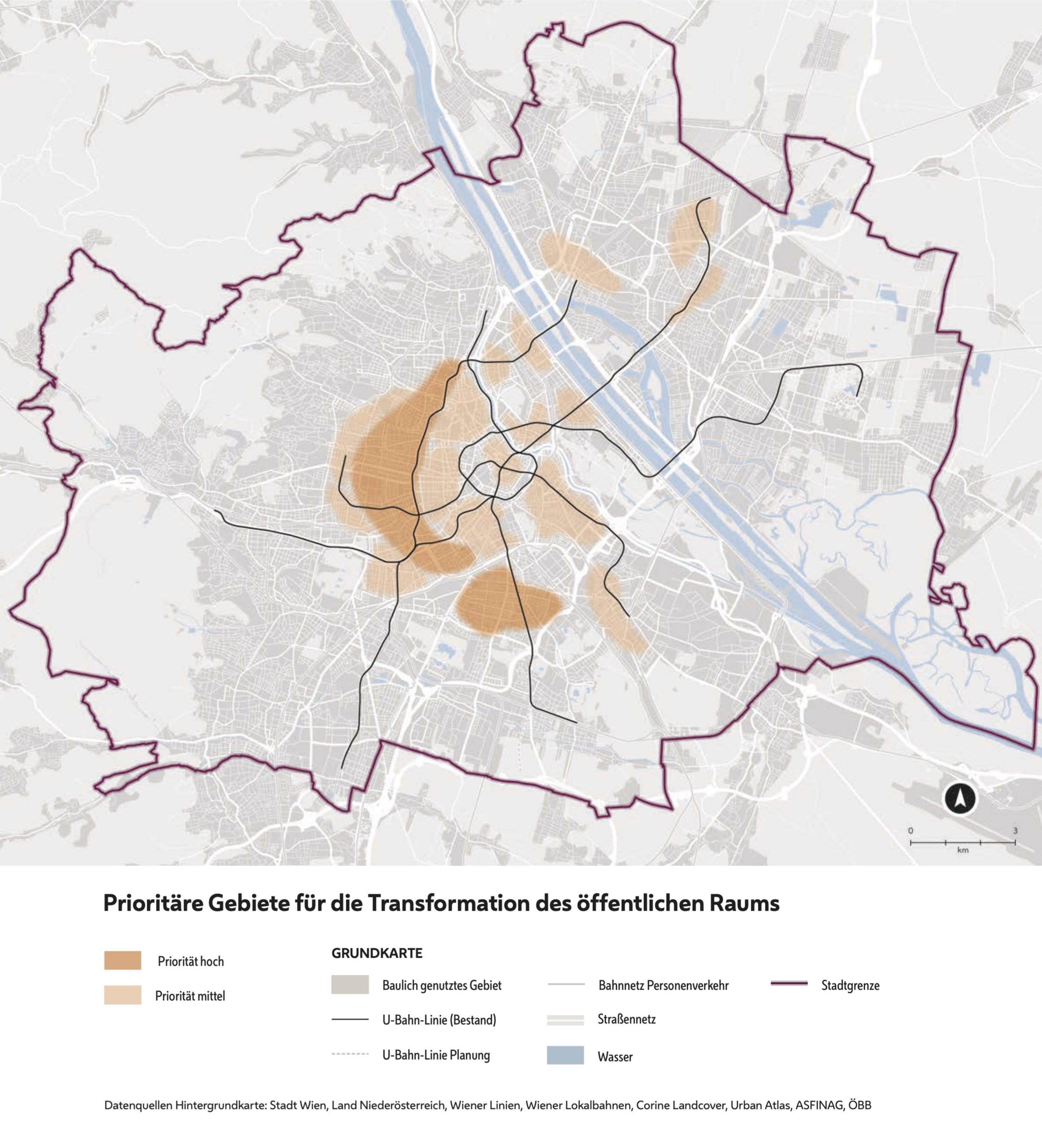 Wienkarte zu den Prioritären Gebiete für die Transformation des öffentlichen Raums.
Die Karte stellt dar:

• Priorität hoch (Flächen entlang des Gürtes in den Bezirken 5, 6, 7, 8, 9, v.a. aber 12. bis 19. Bezirk sowie im 10. Bezirk),
• Priorität mittel (v.a. Fläche in den inneren Bezirken 1 bis 9 und im 15., 16. 17. und 18. Bezierk, weiters in Simmering nache der U3-Endstation sowie im 20. an der U6 und in Floridsdorf Zentrum sowie im 21. und 22. nahe Endstation U1)


GRUNDKARTE:
• Baulich genutztes Gebiet, 
• U-Bahn-Linie (Bestand), 
• U-Bahn-Linie Planung, 
• Bahnnetz Personenverkehr, 
• Straßennetz, 
• Wasser, 
• Stadtgrenze