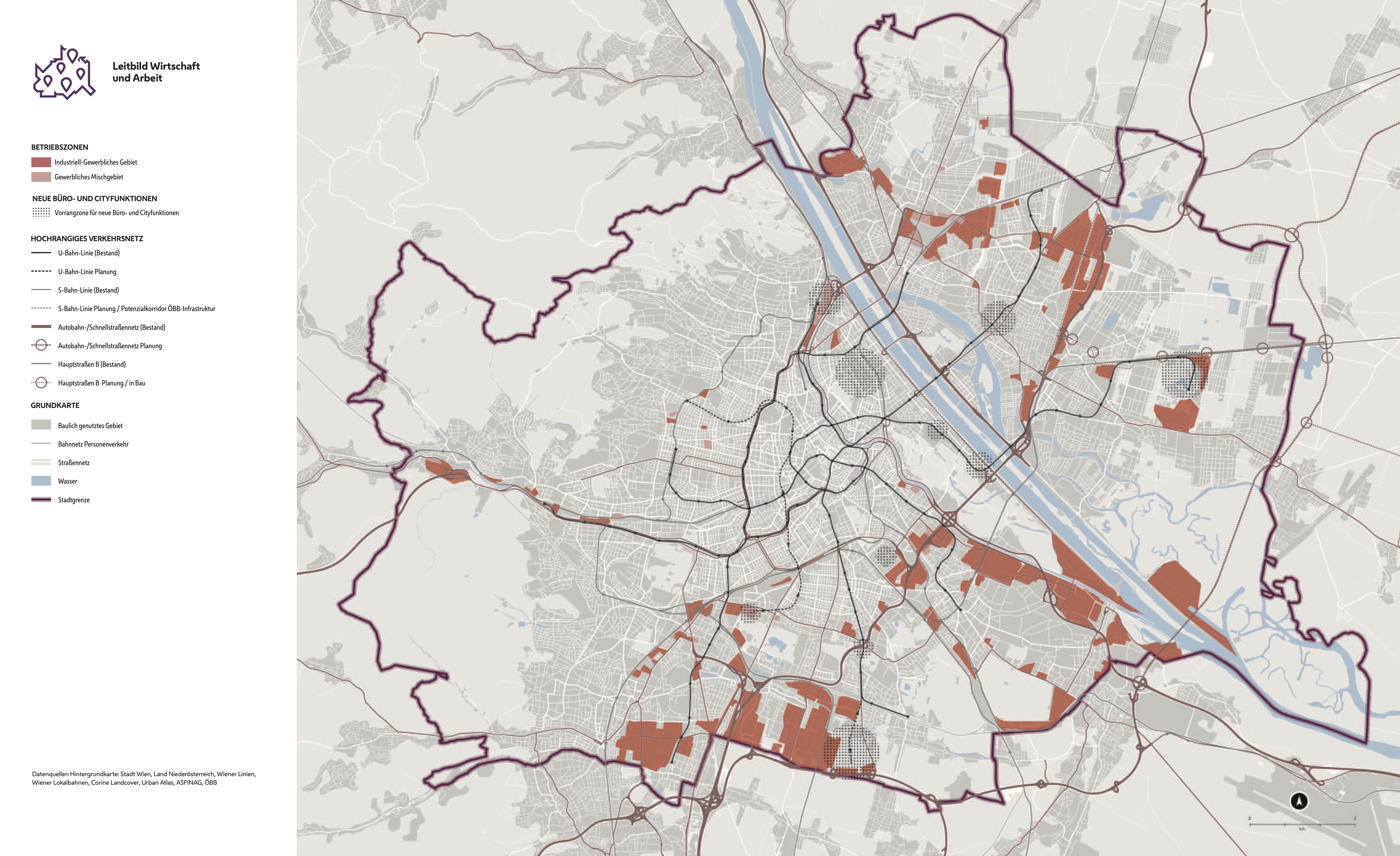 Wienkarte zum Leitbild Wirtschaft und Arbeit
Die Karte stellt dar:


BETRIEBSZONEN:
• Industriell-Gewerbliches Gebiet
• Gewerbliches Mischgebiet
Beide Betriebszonentypen finden sich auf der Karte v.a. im 21. und 22. Bezirk im Norden und Osten, im 2. 3. und 11. Bezirk im Osten und im 10. und v.a. im 23. Bezirk im Süden, eine kleinere Konzentration findet sich in der Westeinfahrt (Grenze 13. und 14. Bezirk).

NEUE BÜRO- UND CITYFUNKTIONEN:
• Vorrangzone für neue Büro- und Cityfunktionen. Diese Zonen befinden sich an der Grenze 19. zu 20 Bezirk (bei Nussdorf), im Zentrum des 20. Bezriks, bei Kagran und in der Seestadt im 22. Bezirk, nahe dem Messegelände und an der Donau (nahe Tangentenbrücke) im 2. Bezirk, im 3. Bezirk im Bereich Arsenal an drei Standorten im 10. Bezirk (Wienerberg, Verteilerkreis und Rothneusiedl).

HOCHRANGIGES VERKEHRSNETZ:
• U-Bahn-Linie (Bestand)
• U-Bahn-Linie Planung
• S-Bahn-Linie (Bestand)
• S-Bahn-Linie Planung / Potenzialkorridor ÖBB-Infrastruktur
• Autobahn-/Schnellstraßennetz (Bestand)
• Autobahn-/Schnellstraßennetz Planung
• Hauptstraßen B (Bestand)
• Hauptstraßen B Planung / in Bau

Autobahn-/Schnellstraßennetzerweiterungen in Planung und Hauptstraßen B in Planung bzw. in Bau sind die S1-Spange sowie deren Verbindung zur Stadtstraße sowie die Stadtstraße selbst im 22. Bezirk.

GRUNDKARTE
• Baulich genutztes Gebiet
• Bahnnetz Personenverkehr
• Straßennetz
• Wasser
• Stadtgrenze

Datenquellen der Hintergrundkarte sind: Stadt Wien, Land Niederösterreich, Wiener Linien,
Wiener Lokalbahnen, Corine Landcover, Urban Atlas, ASFINAG, ÖBB