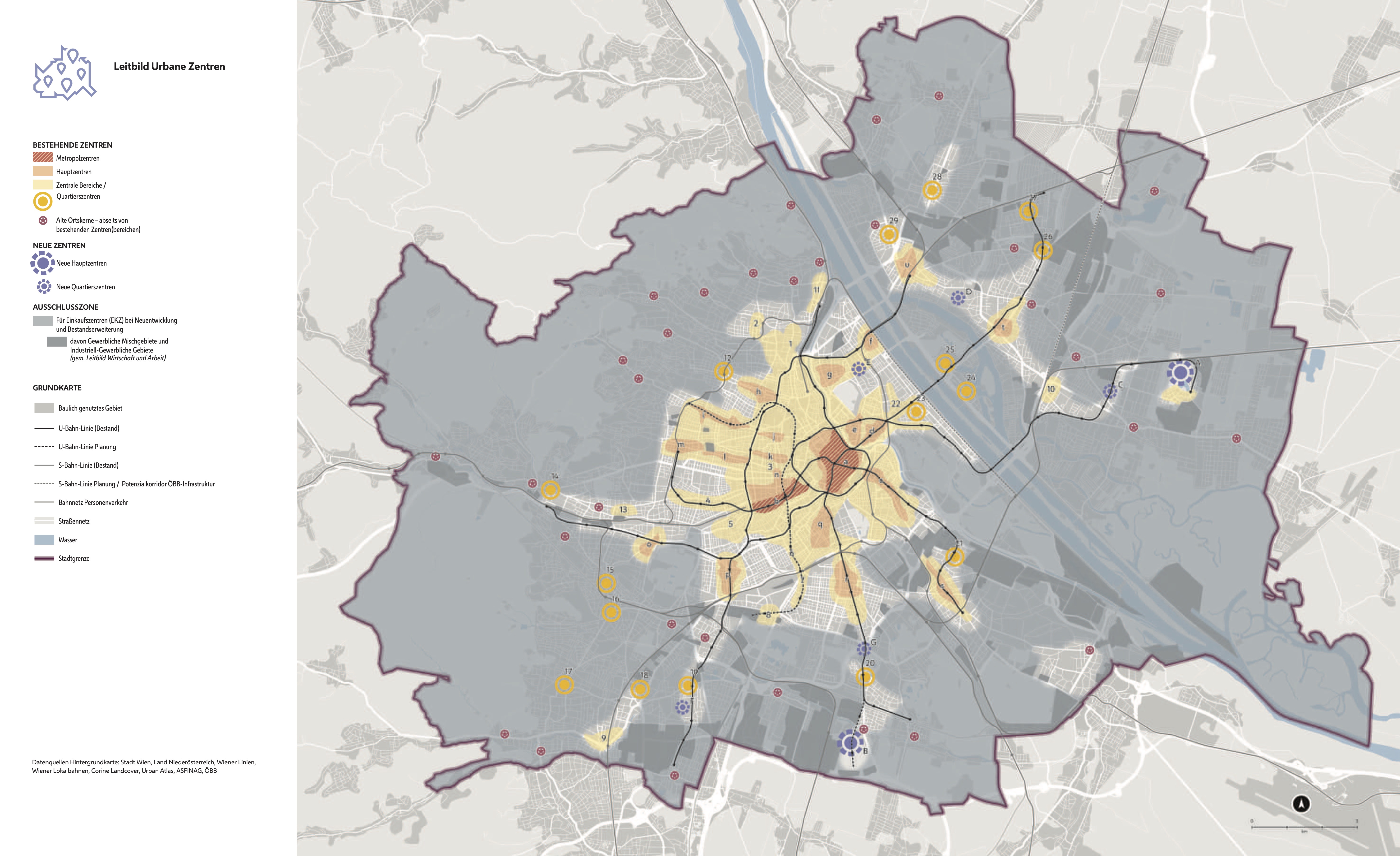 Wienkarte zum Leitbild Urbane Zentren.
Die Karte stellt dar:

BESTEHENDE ZENTREN
• Metropolzentren (Kärntner Straße und angrenzende Straßen sowie der Bereich zwischen Schwedenplatz Schottenring und Stubentor im ersten Bezirk, weiters die Mariahilfer Straße und unmittelbare Umgebung), 
• Hauptzentren (Das sind im Wesentlichen alle Bezirkszentren), 
• Zentrale Bereiche (Das sind die innerstädtischen von U- und S-Bahnen gut erschlossenen Zentralbereiche), 
• Quartierszentren (finden stärker in der Peripherie, siehe die Nummern in der nachfolgenden Legende), 
• Alte Ortskerne – abseits von bestehenden Zentren(bereichen). Solche finden sich an den Rändern Wiens in ehemaligen Dörfen am Wienwald, am Bisamberg, in Richtung Marchfeld, in der Westeinfahrt oder auch am Rande Wiens in den südlichen Bezirken 10 und 23.

NEUE ZENTREN
• Neue Hauptzentren (A Seestadt und B Rothneusiels), 
• Neue Quartierszentren (C Hausfeld, D Donaufeld, E Nordwestbahnhof, F In der Wiesen (Mitte), G Altes Landgut)
Siehe auch die entsprechende Auflistung in der folgenden Legende.


AUSSCHLUSSZONE
• Für Einkaufszentren (EKZ) bei Neuentwicklung und Bestandserweiterung, 
• davon Gewerbliche Mischgebiete und Industriell-Gewerbliche Gebiete (gem. Leitbild Wirtschaft und Arbeit)

Die Aufschlusszonnen entsprechen im Wesentlichen den Gewerblichen Mischgebiete und Industriell-Gewerbliche Gebieten (gem. Leitbild Wirtschaft und Arbeit).

GRUNDKARTE
• Baulich genutztes Gebiet, 
• U-Bahn-Linie (Bestand), 
• U-Bahn-Linie Planung, 
• S-Bahn-Linie (Bestand), 
• S-Bahn-Linie Planung / Potenzialkorridor ÖBB-Infrastruktur, 
• Bahnnetz Personenverkehr, 
• Straßennetz, 
• Wasser, 
• Stadtgrenze

Datenquellen der Hintergrundkarte sind: Stadt Wien, Land Niederösterreich, Wiener Linien,
Wiener Lokalbahnen, Corine Landcover, Urban Atlas, ASFINAG, ÖBB