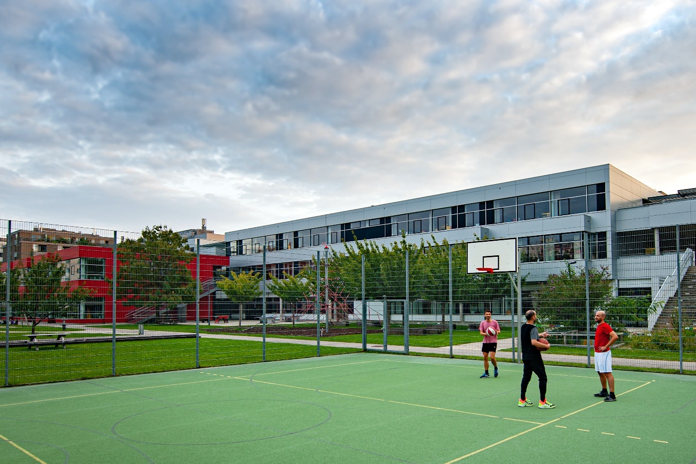 3 Basketball spielende Männer auf einem umzäunten grünen Basketballplatz, im Hintergrund Wiese, kleinere Bäume und moderne Gebäude.