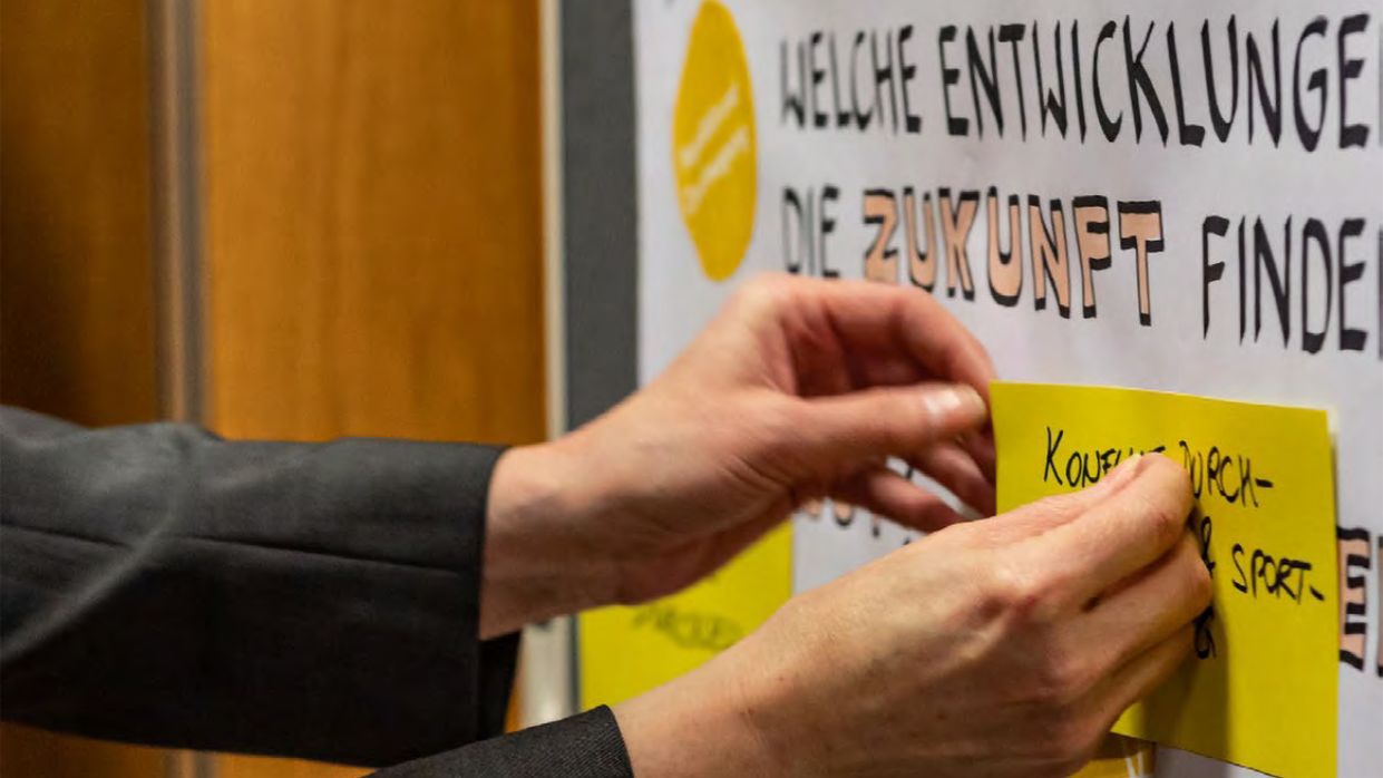 Kapitelbild: Hände einer Person, die ein Post-it auf ein Plakat klebt. Am Plakat steht: „Welche Entwicklungen für die Zukunft finden sie … gut?