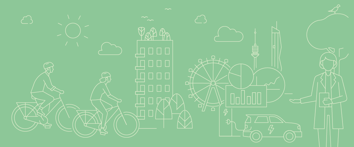 Grafik mit Fahrradfahrer, Gebäuden, Bäumen, Donauturm und Riesenrad