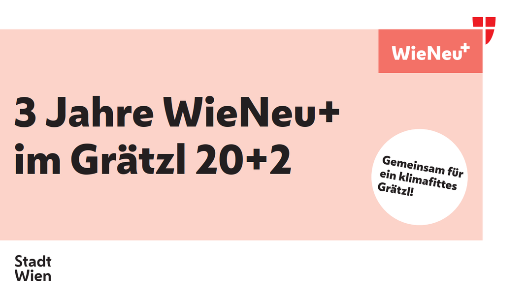 Information board on a brick-pink background featuring the text “3 Years of WieNeu+ in Grätzl 20+2”, the WieNeu+ product logo in the top right-hand corner, and, against a white circular background in the bottom right-hand corner, the text “Together for a climate-resilient Grätzl”.