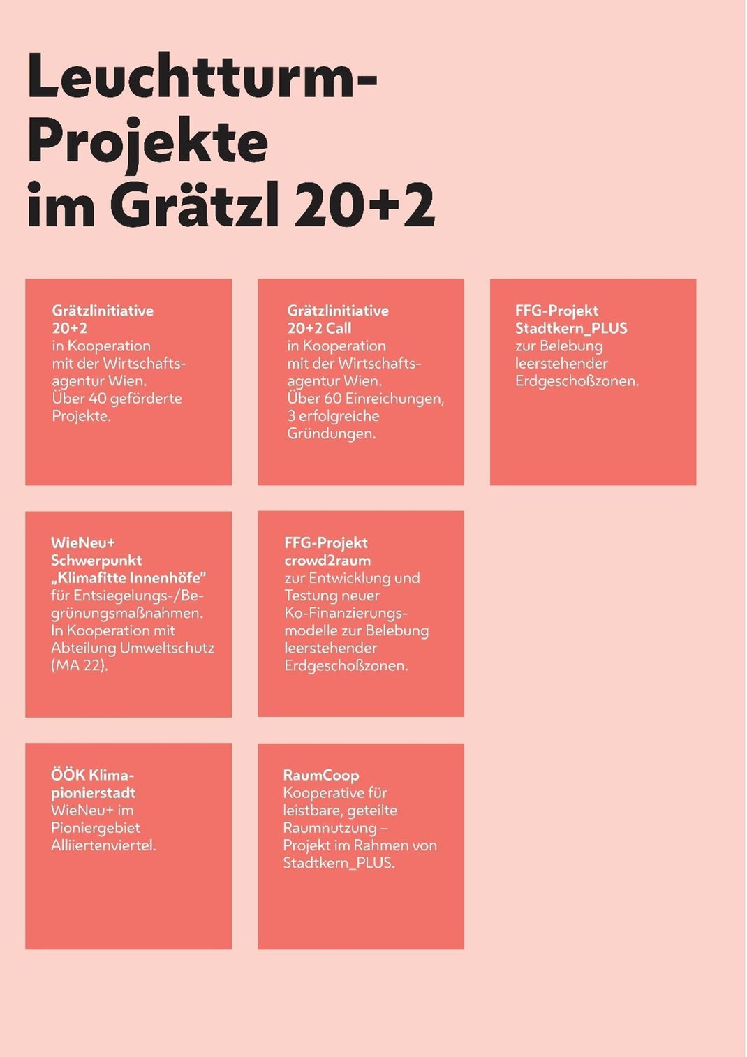 Key information on the ‘Lighthouse projects in the area Grätzl 20+2’ , presented in seven boxes against a pink background.